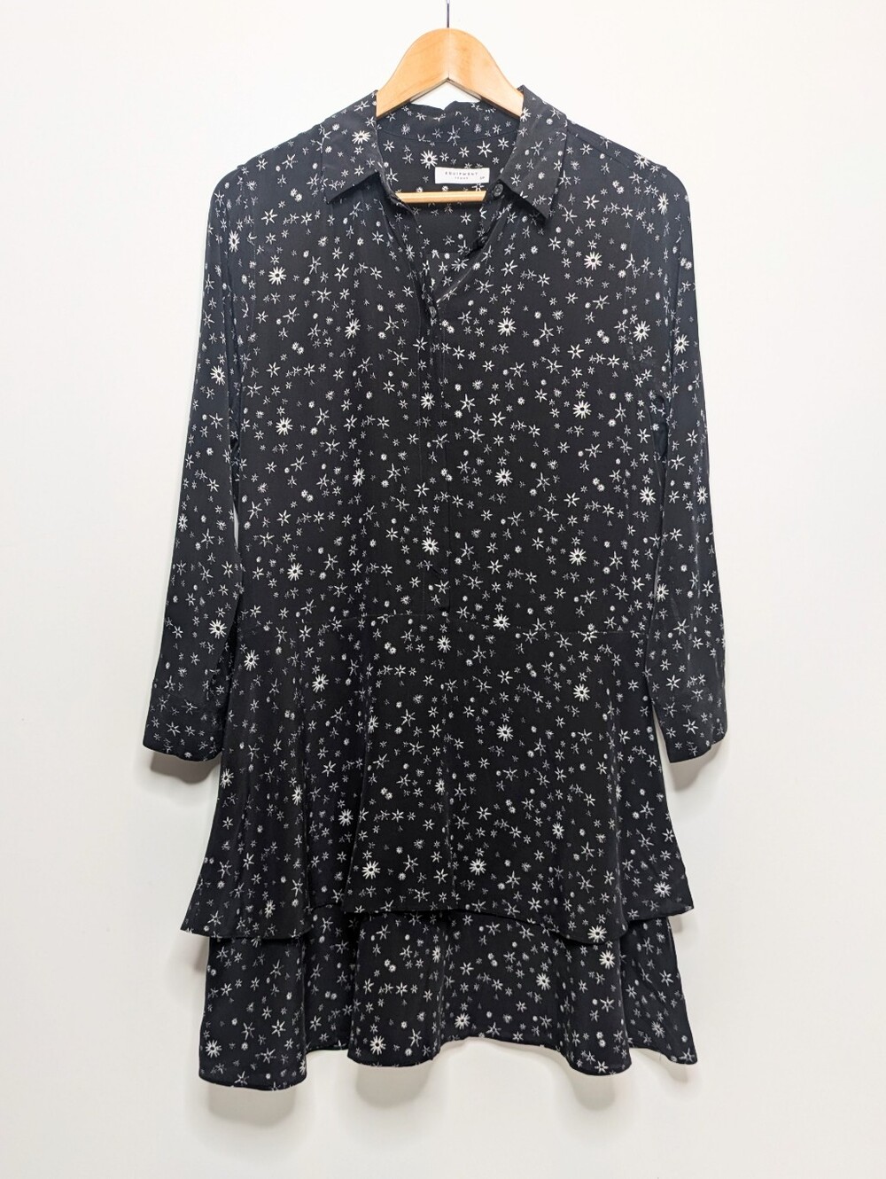 Equipment Black Shirt Dress Star Print 100% Silk Tiered Ruffles Mini Size S